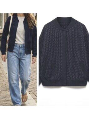 Mango MNG Womens Navy Blue Textured Knit Full Zip Bomber Jacket Sweater Size S